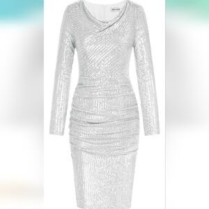 Grace Karin Small Dress White Sequin Cowl‎ Neck Long Sleeve Ruched Bodycon New